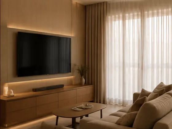 Sala de TV com blackout, sem reflexo na tela